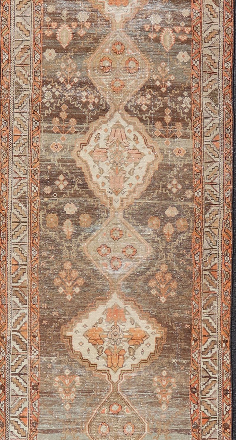 Antique Persian Long Malayer Runner Medallion Design in Brown, Gray, Steel Blue. Antique long runner Persian Malayer with all - over intricate medallion design in Brown Background. Keivan Woven Arts, rug/EMB - 9580 - P13853, country of origin / type... - Keivan Woven ArtsEMB - 9580 - P13853 - 15146Rug