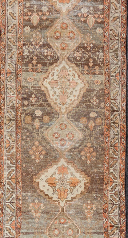 Antique Persian Long Malayer Runner Medallion Design in Brown, Gray, Steel Blue. Antique long runner Persian Malayer with all - over intricate medallion design in Brown Background. Keivan Woven Arts, rug/EMB - 9580 - P13853, country of origin / type... - Keivan Woven ArtsEMB - 9580 - P13853 - 15146Rug