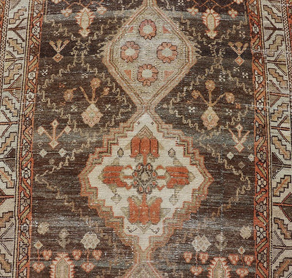 Antique Persian Long Malayer Runner Medallion Design in Brown, Gray, Steel Blue. Antique long runner Persian Malayer with all - over intricate medallion design in Brown Background. Keivan Woven Arts, rug/EMB - 9580 - P13853, country of origin / type... - Keivan Woven ArtsEMB - 9580 - P13853 - 15146Rug