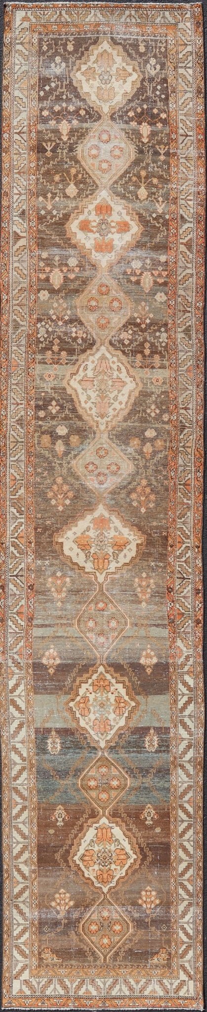 Antique Persian Long Malayer Runner Medallion Design in Brown, Gray, Steel Blue. Antique long runner Persian Malayer with all - over intricate medallion design in Brown Background. Keivan Woven Arts, rug/EMB - 9580 - P13853, country of origin / type... - Keivan Woven ArtsEMB - 9580 - P13853 - 15146Rug