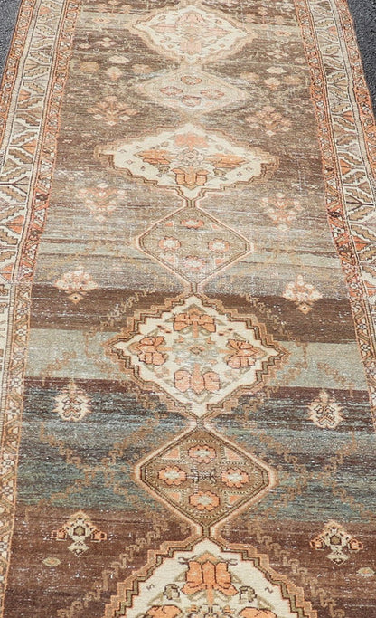 Antique Persian Long Malayer Runner Medallion Design in Brown, Gray, Steel Blue. Antique long runner Persian Malayer with all - over intricate medallion design in Brown Background. Keivan Woven Arts, rug/EMB - 9580 - P13853, country of origin / type... - Keivan Woven ArtsEMB - 9580 - P13853 - 15146Rug