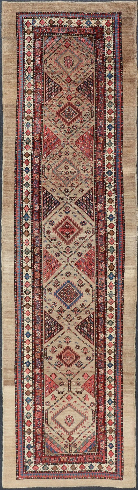 Tribal Persian Hand Knotted Antique Serab Long Runner in Tribal Design Antique Persian Tribal Serab runner, Keivan Woven Arts / rug/EMB - 9584 - P13514, origin/iran. Measures: 3'7 x 14 - Keivan Woven ArtsEMB - 9584 - P13514 - 15170Rug