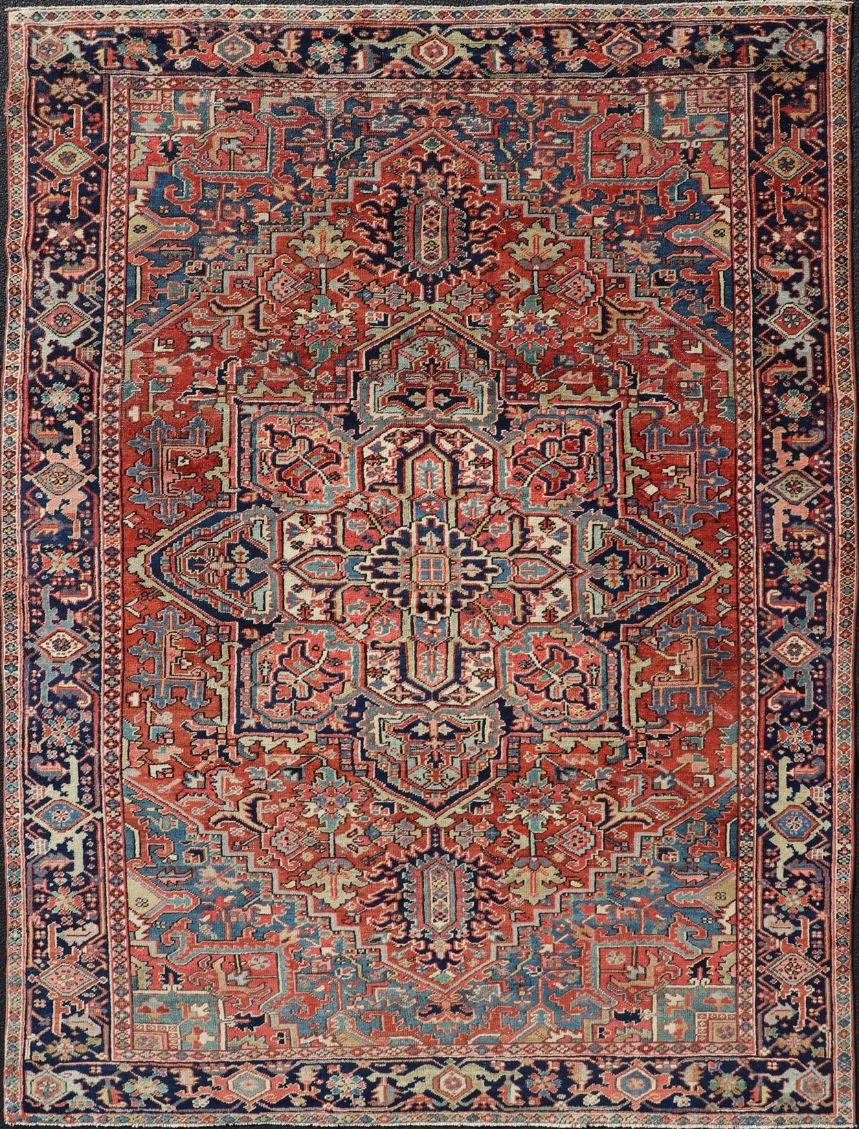 Antique Persian Heriz Rug with All - Over Sub - Geometric Layered Medallion Design Hand Knotted Persian Antique Heriz Rug with medallion design in jewel colors, Keivan Woven Arts / rug EMB - 9586 - P13505, country of origin / type: Persian / Heriz, circ... - Keivan Woven ArtsEMB - 9586 - P13505 - 15182Rug
