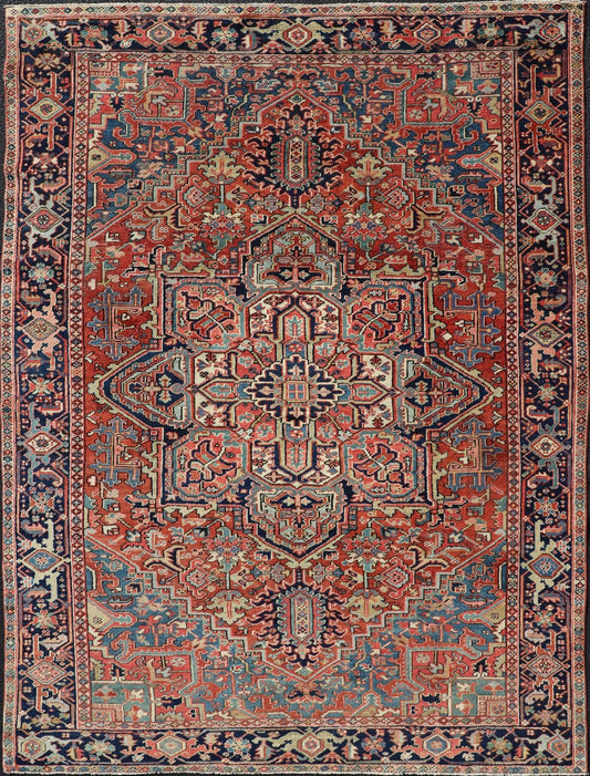 Antique Persian Heriz Rug with All - Over Sub - Geometric Layered Medallion Design Hand Knotted Persian Antique Heriz Rug with medallion design in jewel colors, Keivan Woven Arts / rug EMB - 9586 - P13505, country of origin / type: Persian / Heriz, circ... - Keivan Woven ArtsEMB - 9586 - P13505 - 15182Rug
