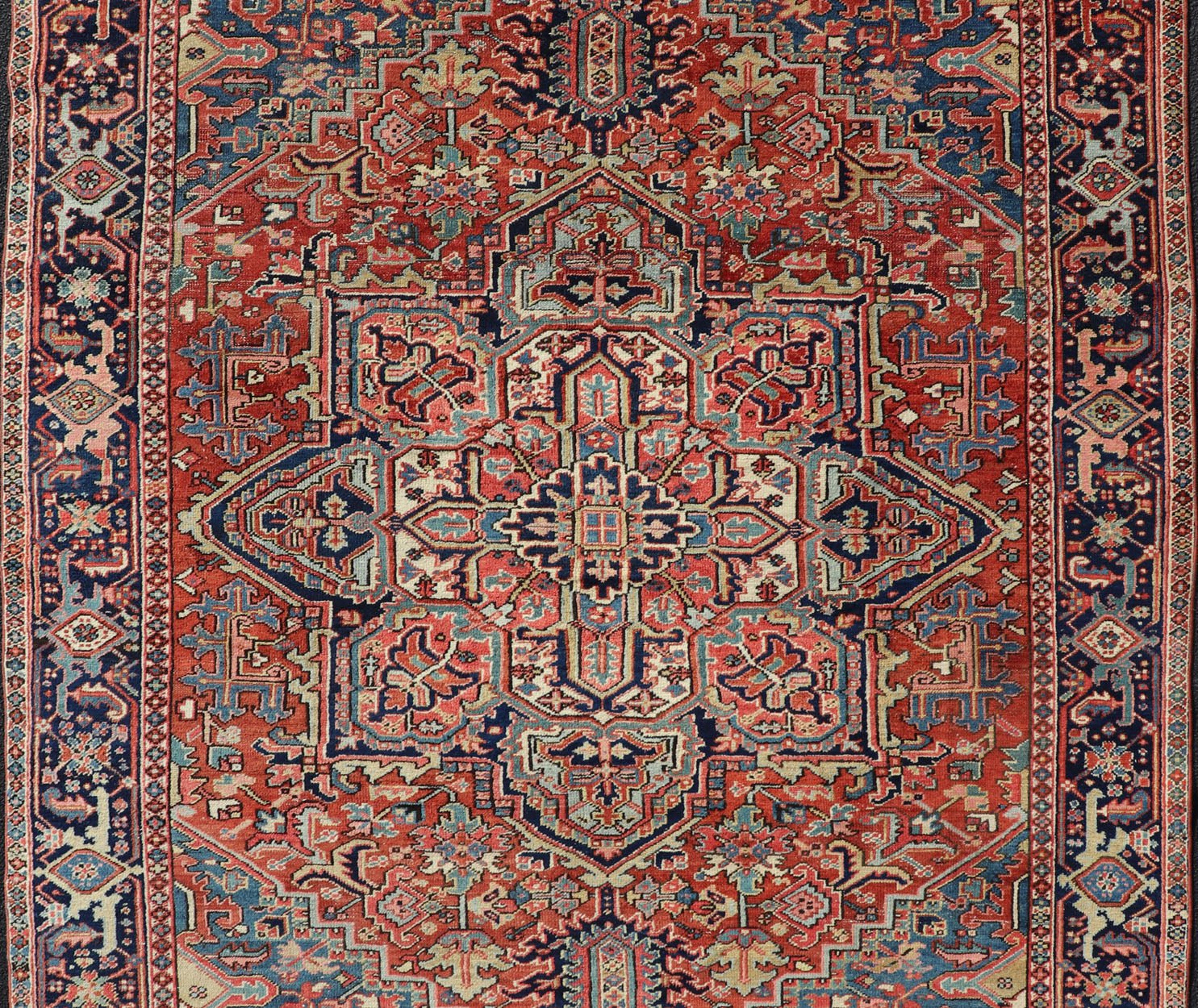 Antique Persian Heriz Rug with All - Over Sub - Geometric Layered Medallion Design Hand Knotted Persian Antique Heriz Rug with medallion design in jewel colors, Keivan Woven Arts / rug EMB - 9586 - P13505, country of origin / type: Persian / Heriz, circ... - Keivan Woven ArtsEMB - 9586 - P13505 - 15182Rug