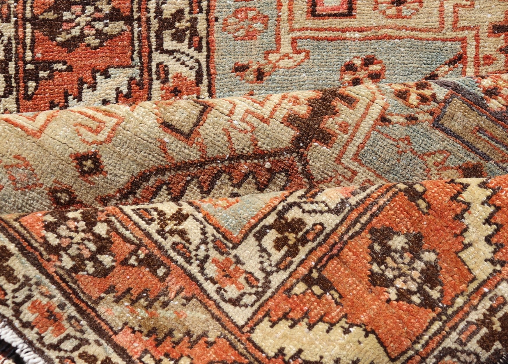 Multi Colored Long Antique Persian Heriz Runner with Geometric Medallions. Keivan Woven Arts / rug EMB - 9588 - P13575, country of origin / type: Iran / Heriz, circa 1910 This magnificent Heriz Serapi runner woven in the early 20th century bears an ... - Keivan Woven ArtsEMB - 9588 - P13575 - 15190Rug