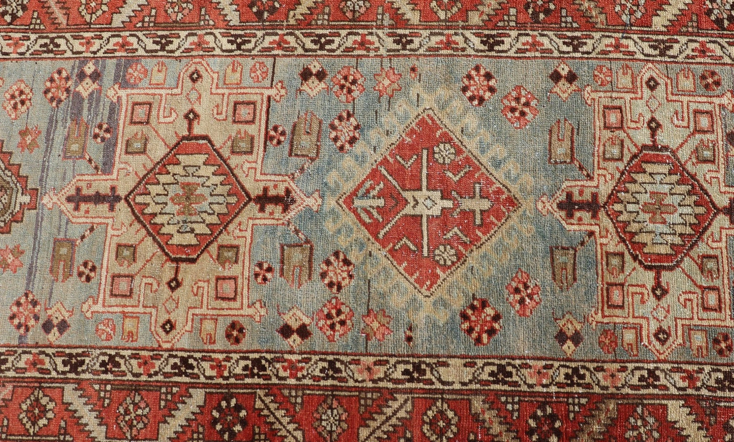 Multi Colored Long Antique Persian Heriz Runner with Geometric Medallions. Keivan Woven Arts / rug EMB - 9588 - P13575, country of origin / type: Iran / Heriz, circa 1910 This magnificent Heriz Serapi runner woven in the early 20th century bears an ... - Keivan Woven ArtsEMB - 9588 - P13575 - 15190Rug