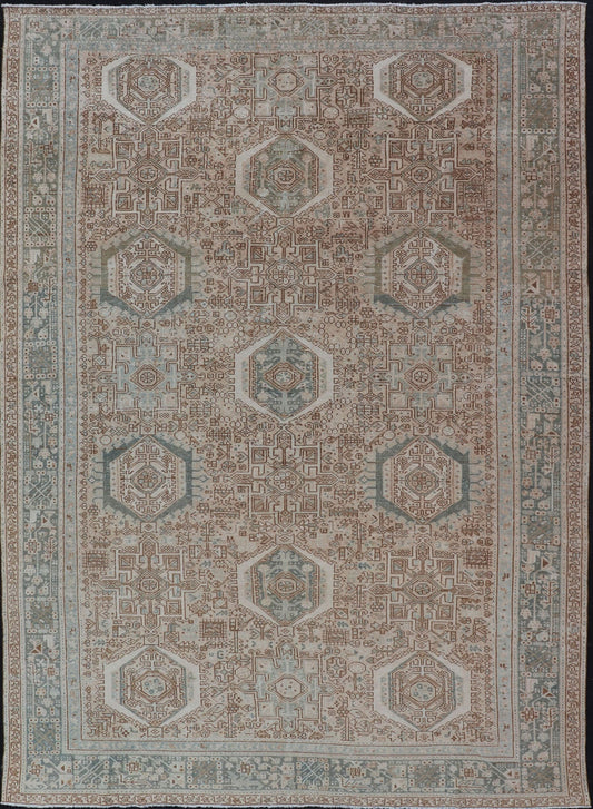 Midcentury Hand Knotted Persian Heriz carpet with layered Medallion and Motifs, rug EMB - 9590 - P13582, country of origin / type: Iran / Heriz, circa mid - 20th century Measures: 9'4 x 12'10 Vintage Persian Heriz Rug with All - Over Med... - Keivan Woven ArtsEMB - 9590 - P13582 - 15202