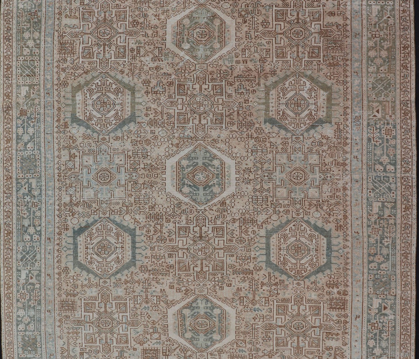 Midcentury Hand Knotted Persian Heriz carpet with layered Medallion and Motifs, rug EMB - 9590 - P13582, country of origin / type: Iran / Heriz, circa mid - 20th century Measures: 9'4 x 12'10 Vintage Persian Heriz Rug with All - Over Med... - Keivan Woven ArtsEMB - 9590 - P13582 - 15202Rug