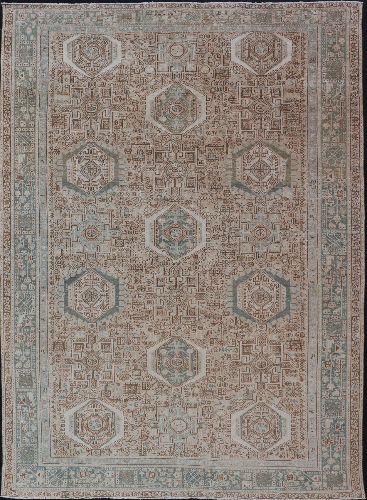 Midcentury Hand Knotted Persian Heriz carpet with layered Medallion and Motifs, rug EMB - 9590 - P13582, country of origin / type: Iran / Heriz, circa mid - 20th century Measures: 9'4 x 12'10 Vintage Persian Heriz Rug with All - Over Med... - Keivan Woven ArtsEMB - 9590 - P13582 - 15202Rug