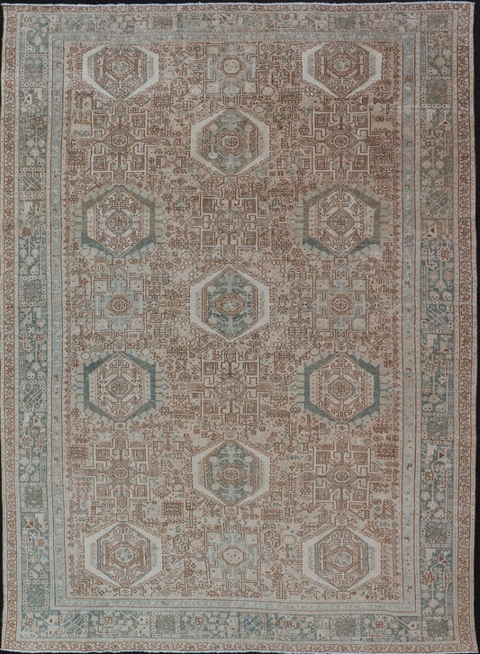 Midcentury Hand Knotted Persian Heriz carpet with layered Medallion and Motifs, rug EMB - 9590 - P13582, country of origin / type: Iran / Heriz, circa mid - 20th century Measures: 9'4 x 12'10 Vintage Persian Heriz Rug with All - Over Med... - Keivan Woven ArtsEMB - 9590 - P13582 - 15202Rug