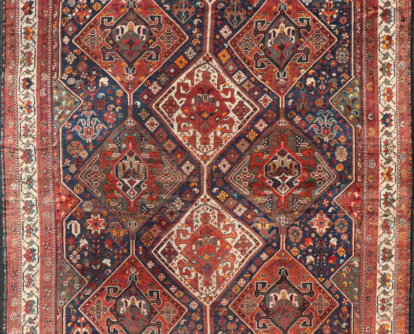 Antique Persian Shiraz Rug With Diamond Medallions in Navy Blue, Red, Green & Ivory Antique Persian Shiraz Rug with Diamond Medallions in Navy Blue, Red, Green & Ivory. Keivan Woven Arts / rug EMB - 9592 - 13509 country of origin / type: Iran / ... - Keivan Woven ArtsEMB - 9592 - 13509 - 15601Rug