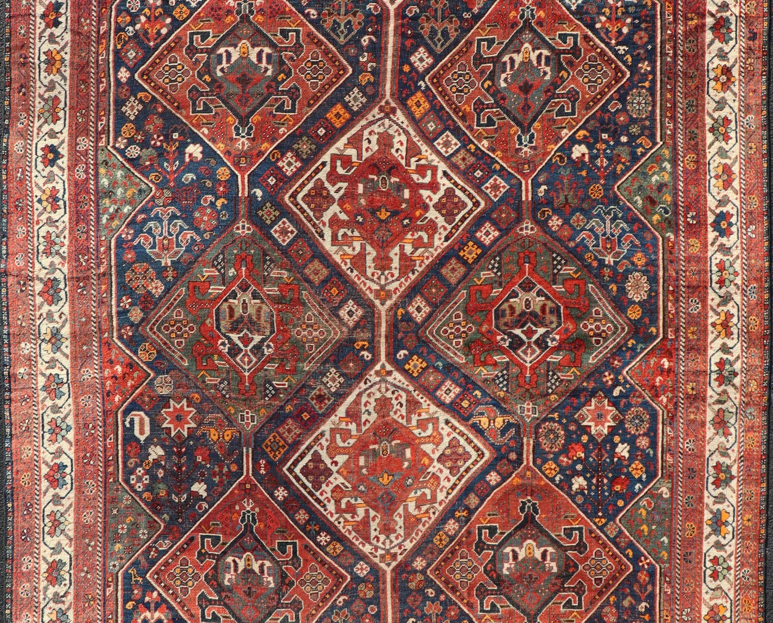 Antique Persian Shiraz Rug With Diamond Medallions in Navy Blue, Red, Green & Ivory Antique Persian Shiraz Rug with Diamond Medallions in Navy Blue, Red, Green & Ivory. Keivan Woven Arts / rug EMB - 9592 - 13509 country of origin / type: Iran / ... - Keivan Woven ArtsEMB - 9592 - 13509 - 15601Rug