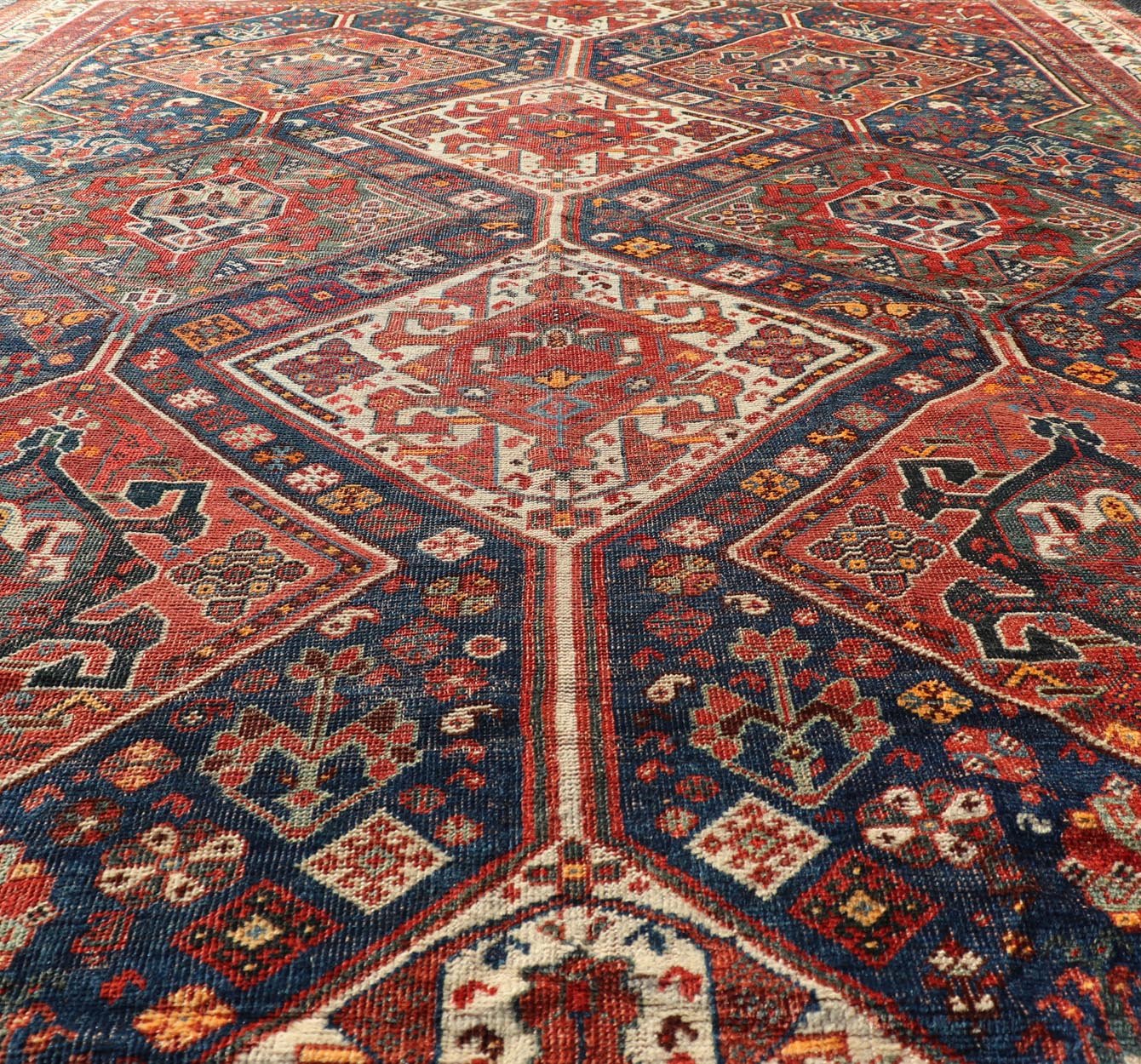 Antique Persian Shiraz Rug With Diamond Medallions in Navy Blue, Red, Green & Ivory Antique Persian Shiraz Rug with Diamond Medallions in Navy Blue, Red, Green & Ivory. Keivan Woven Arts / rug EMB - 9592 - 13509 country of origin / type: Iran / ... - Keivan Woven ArtsEMB - 9592 - 13509 - 15601Rug