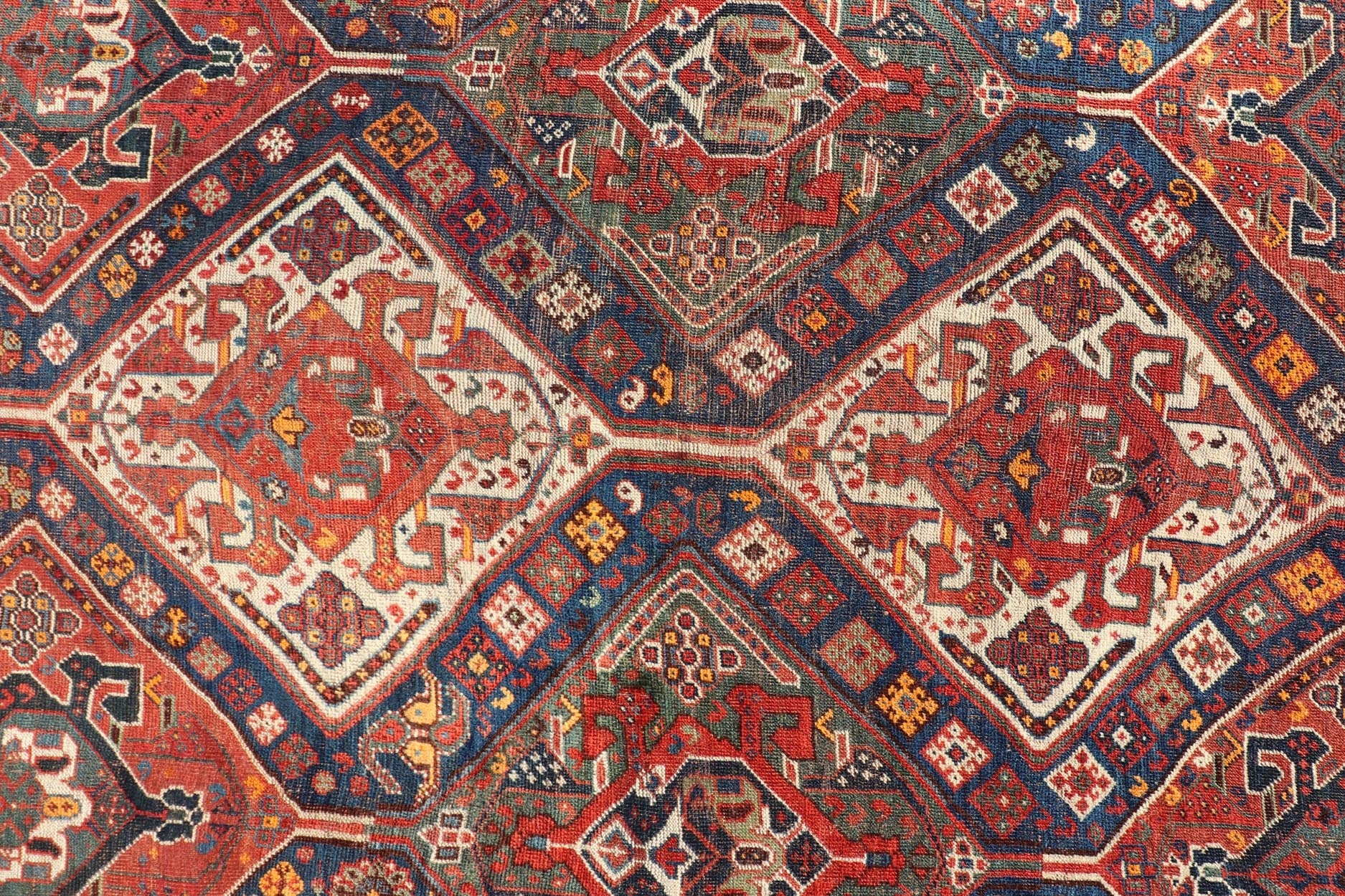 Antique Persian Shiraz Rug With Diamond Medallions in Navy Blue, Red, Green & Ivory Antique Persian Shiraz Rug with Diamond Medallions in Navy Blue, Red, Green & Ivory. Keivan Woven Arts / rug EMB - 9592 - 13509 country of origin / type: Iran / ... - Keivan Woven ArtsEMB - 9592 - 13509 - 15601Rug