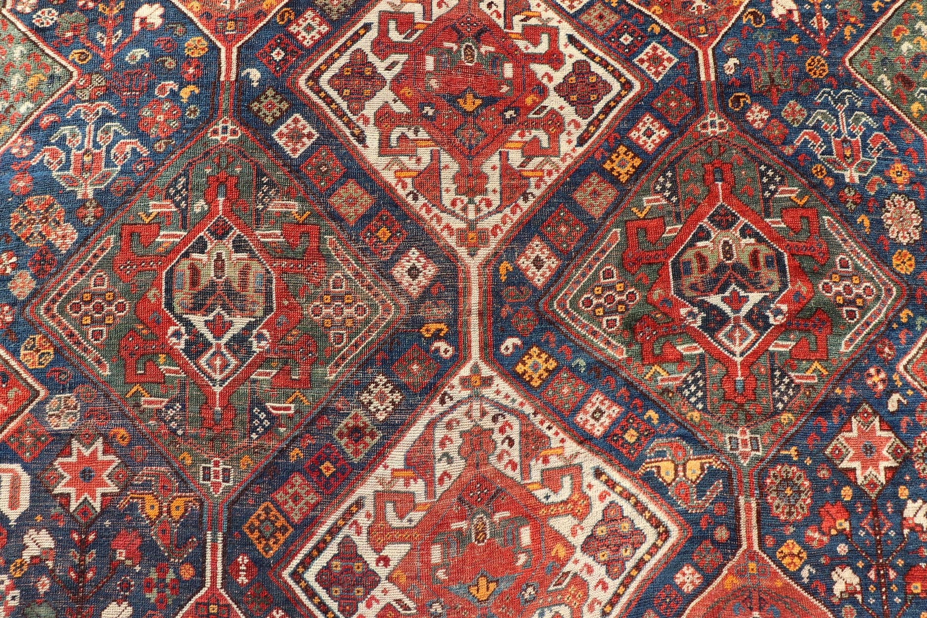 Antique Persian Shiraz Rug With Diamond Medallions in Navy Blue, Red, Green & Ivory Antique Persian Shiraz Rug with Diamond Medallions in Navy Blue, Red, Green & Ivory. Keivan Woven Arts / rug EMB - 9592 - 13509 country of origin / type: Iran / ... - Keivan Woven ArtsEMB - 9592 - 13509 - 15601Rug