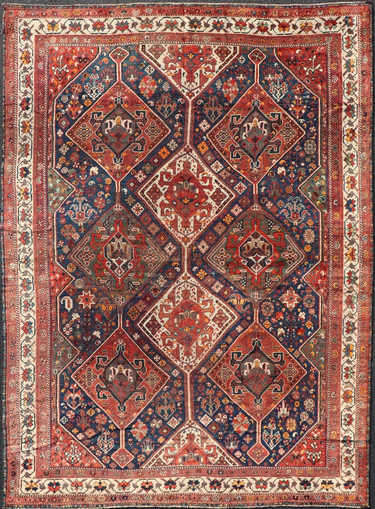 Antique Persian Shiraz Rug With Diamond Medallions in Navy Blue, Red, Green & Ivory Antique Persian Shiraz Rug with Diamond Medallions in Navy Blue, Red, Green & Ivory. Keivan Woven Arts / rug EMB - 9592 - 13509 country of origin / type: Iran / ... - Keivan Woven ArtsEMB - 9592 - 13509 - 15601Rug