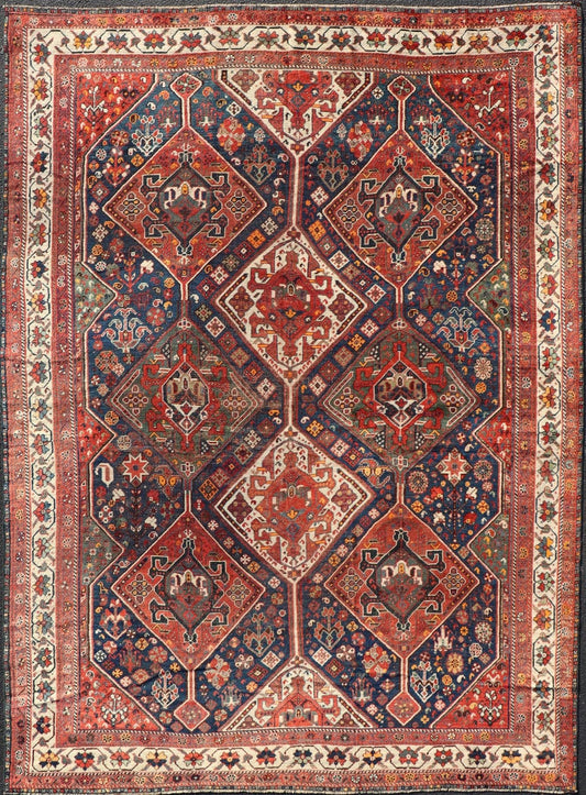 Antique Persian Shiraz Rug With Diamond Medallions in Navy Blue, Red, Green & Ivory Antique Persian Shiraz Rug with Diamond Medallions in Navy Blue, Red, Green & Ivory. Keivan Woven Arts / rug EMB - 9592 - 13509 country of origin / type: Iran / ... - Keivan Woven ArtsEMB - 9592 - 13509 - 15601Rug