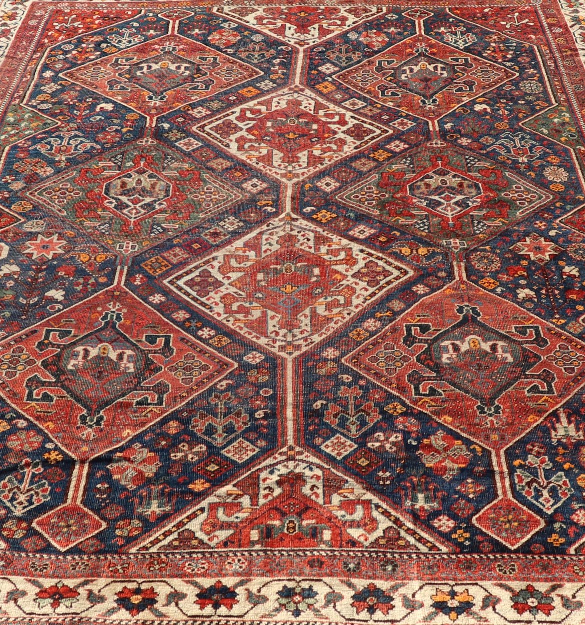 Antique Persian Shiraz Rug With Diamond Medallions in Navy Blue, Red, Green & Ivory Antique Persian Shiraz Rug with Diamond Medallions in Navy Blue, Red, Green & Ivory. Keivan Woven Arts / rug EMB - 9592 - 13509 country of origin / type: Iran / ... - Keivan Woven ArtsEMB - 9592 - 13509 - 15601Rug