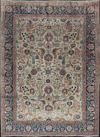 Antique Tabriz with All - Over Floral Sub - Geometric Design & Complementary Border This stunning Antique Tabriz rug (circa 1920s) features a lovely all - over floral design rendered in gold, coral, shades of blue, and pink set upon an Ivory backgroun... - Keivan Woven ArtsEMB - 9593 - P13518 - 15607Rug