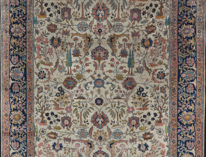 Antique Tabriz with All - Over Floral Sub - Geometric Design & Complementary Border This stunning Antique Tabriz rug (circa 1920s) features a lovely all - over floral design rendered in gold, coral, shades of blue, and pink set upon an Ivory backgroun... - Keivan Woven ArtsEMB - 9593 - P13518 - 15607Rug
