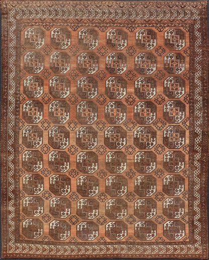 Measures:9'7 x 12'10 Antique Turkomen Ersari Rug in Wool with Repeating Gul Design in Orange, Brown. Keivan Woven Arts; rug EMB - 9594 - 13519, country of origin / type: Turkestan / Ersari, circa 1930s. This Ersari rug has been hand - knotted in th... - Keivan Woven ArtsEMB - 9594 - 13519 - 15613Rug