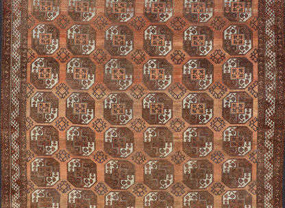 Measures:9'7 x 12'10 Antique Turkomen Ersari Rug in Wool with Repeating Gul Design in Orange, Brown. Keivan Woven Arts; rug EMB - 9594 - 13519, country of origin / type: Turkestan / Ersari, circa 1930s. This Ersari rug has been hand - knotted in th... - Keivan Woven ArtsEMB - 9594 - 13519 - 15613Rug