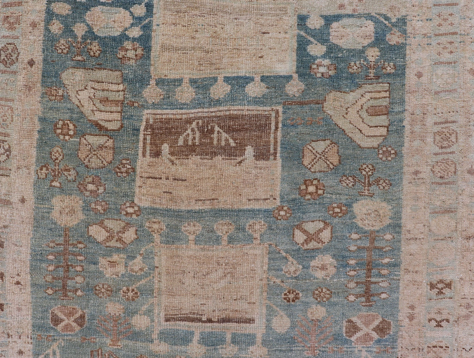 Persian Kurdish Antique Rug with Tribal Design in Light Blue, Teal, and Cream Antique Kurdish rug with tribal geometric medallions in soft blue, cream, light blue, medium blue with hint of teal, brown, tape, and cream in the border. Keivan W... - Keivan Woven ArtsEMB - 9599 - P13503 - 15631Rug