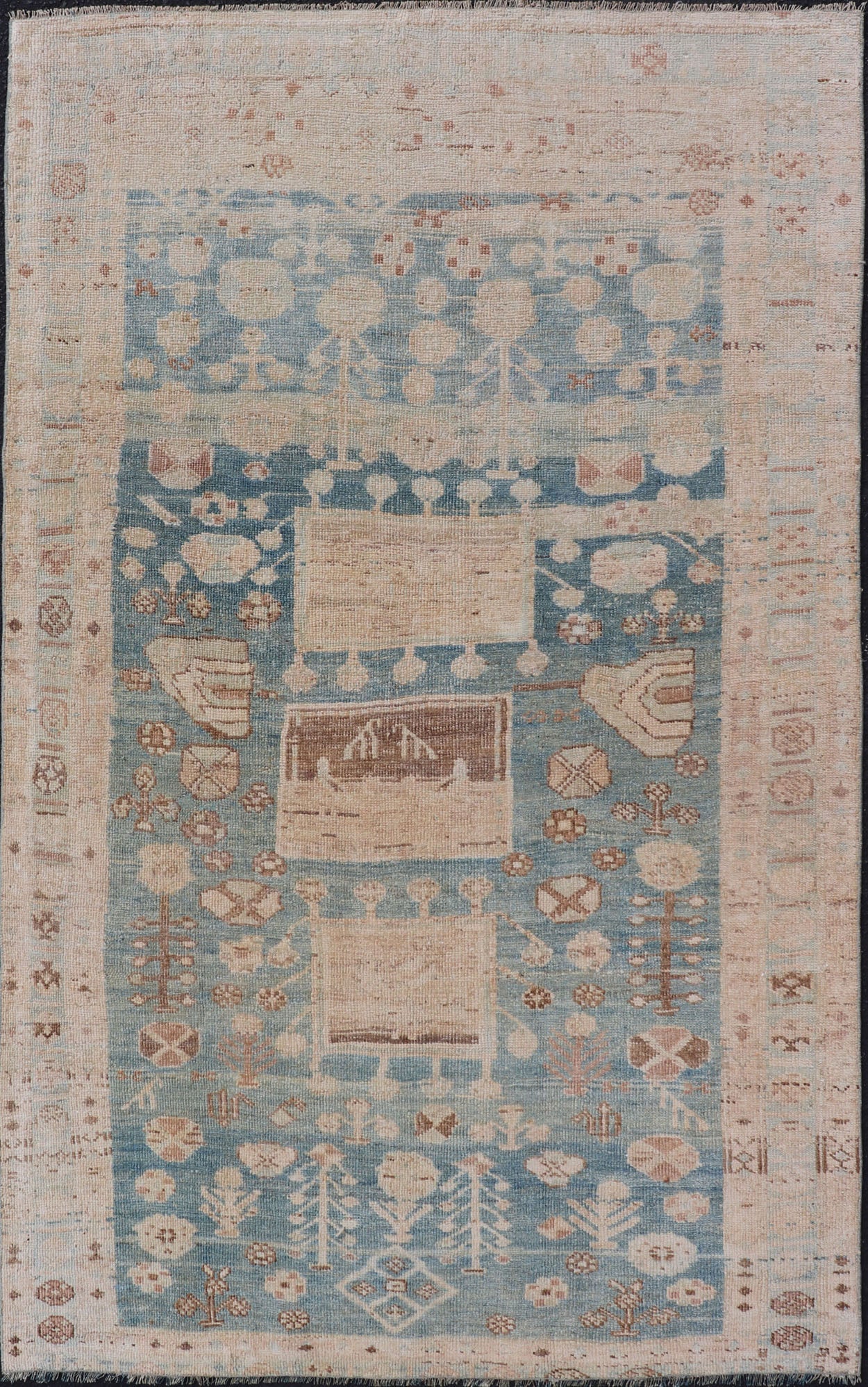 Persian Kurdish Antique Rug with Tribal Design in Light Blue, Teal, and Cream Antique Kurdish rug with tribal geometric medallions in soft blue, cream, light blue, medium blue with hint of teal, brown, tape, and cream in the border. Keivan W... - Keivan Woven ArtsEMB - 9599 - P13503 - 15631