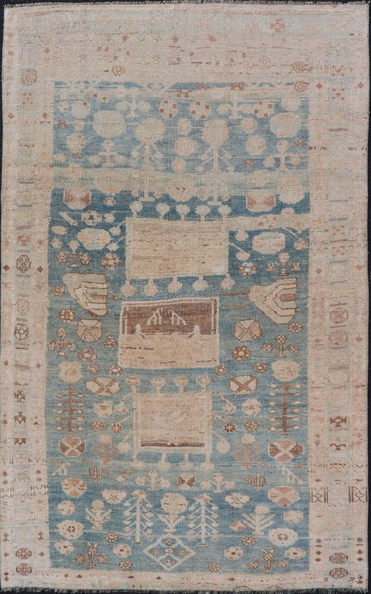 Persian Kurdish Antique Rug with Tribal Design in Light Blue, Teal, and Cream Antique Kurdish rug with tribal geometric medallions in soft blue, cream, light blue, medium blue with hint of teal, brown, tape, and cream in the border. Keivan W... - Keivan Woven ArtsEMB - 9599 - P13503 - 15631