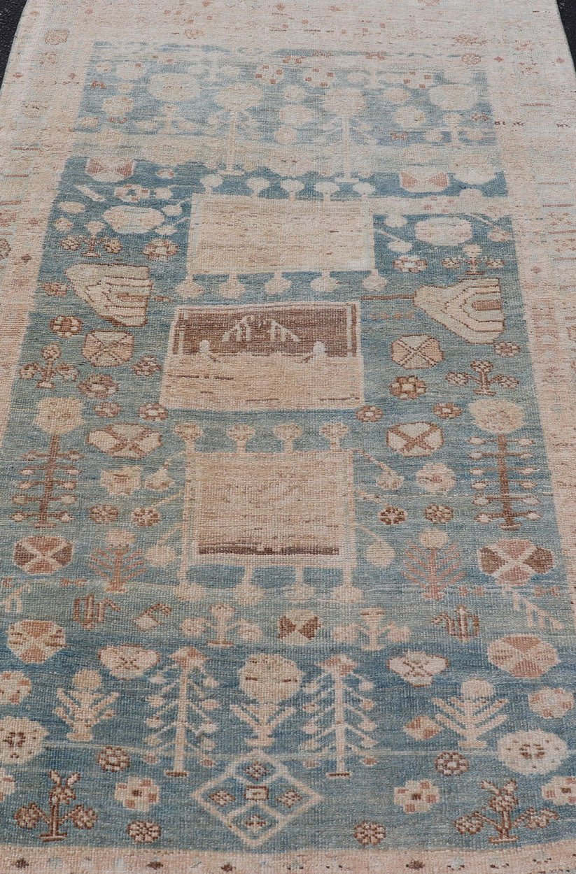 Persian Kurdish Antique Rug with Tribal Design in Light Blue, Teal, and Cream Antique Kurdish rug with tribal geometric medallions in soft blue, cream, light blue, medium blue with hint of teal, brown, tape, and cream in the border. Keivan W... - Keivan Woven ArtsEMB - 9599 - P13503 - 15631Rug