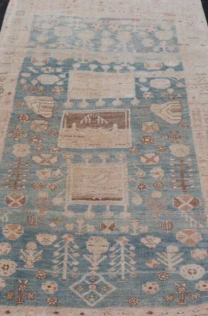 Persian Kurdish Antique Rug with Tribal Design in Light Blue, Teal, and Cream Antique Kurdish rug with tribal geometric medallions in soft blue, cream, light blue, medium blue with hint of teal, brown, tape, and cream in the border. Keivan W... - Keivan Woven ArtsEMB - 9599 - P13503 - 15631Rug