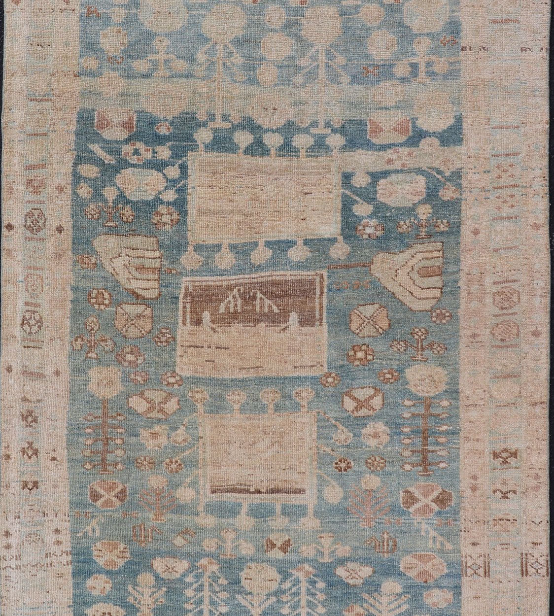 Persian Kurdish Antique Rug with Tribal Design in Light Blue, Teal, and Cream Antique Kurdish rug with tribal geometric medallions in soft blue, cream, light blue, medium blue with hint of teal, brown, tape, and cream in the border. Keivan W... - Keivan Woven ArtsEMB - 9599 - P13503 - 15631Rug