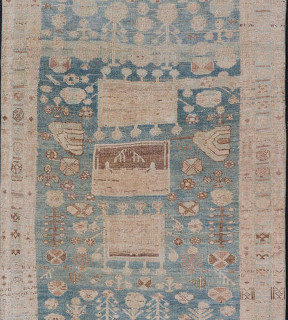 Persian Kurdish Antique Rug with Tribal Design in Light Blue, Teal, and Cream Antique Kurdish rug with tribal geometric medallions in soft blue, cream, light blue, medium blue with hint of teal, brown, tape, and cream in the border. Keivan W... - Keivan Woven ArtsEMB - 9599 - P13503 - 15631Rug