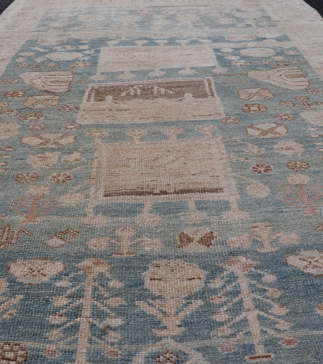 Persian Kurdish Antique Rug with Tribal Design in Light Blue, Teal, and Cream Antique Kurdish rug with tribal geometric medallions in soft blue, cream, light blue, medium blue with hint of teal, brown, tape, and cream in the border. Keivan W... - Keivan Woven ArtsEMB - 9599 - P13503 - 15631Rug