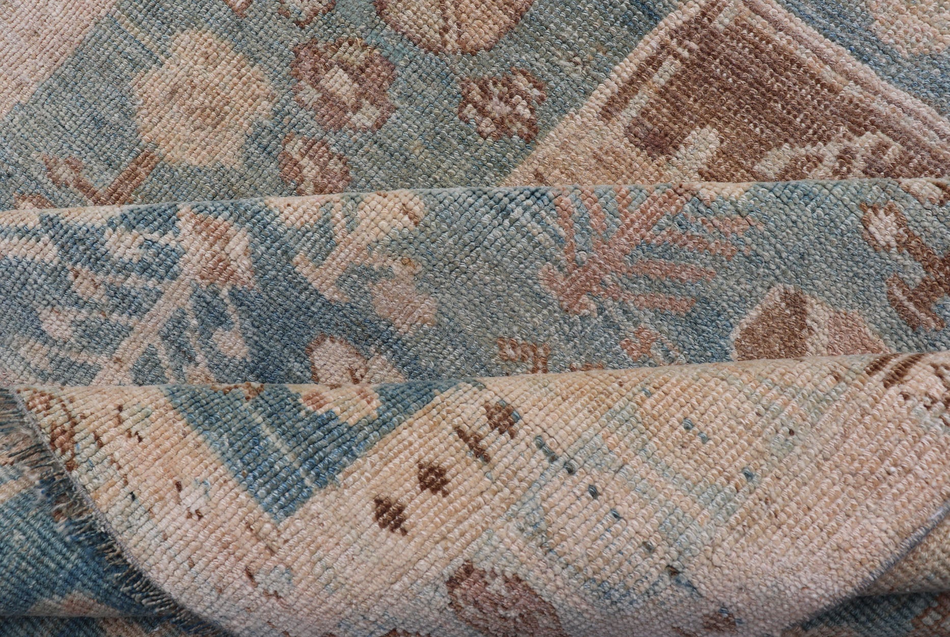 Persian Kurdish Antique Rug with Tribal Design in Light Blue, Teal, and Cream Antique Kurdish rug with tribal geometric medallions in soft blue, cream, light blue, medium blue with hint of teal, brown, tape, and cream in the border. Keivan W... - Keivan Woven ArtsEMB - 9599 - P13503 - 15631Rug