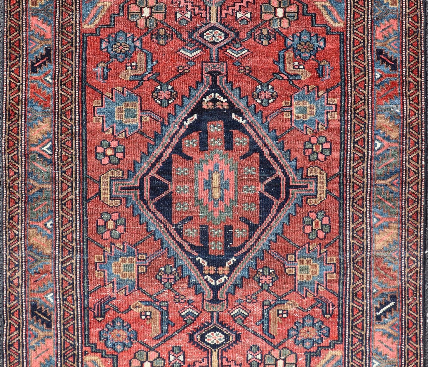 Antique Persian Hamadan rug in rich colors with geometric design, Keivan Woven Arts / rug EMB - 9602 - P13506, country of origin / type: Iran / Hamadan, circa 1920. Measures: 3'5 x 6'3 Antique Persian Hamadan Rug with Colorful Geometric Meda... - Keivan Woven ArtsEMB - 9602 - P13506 - 15637Rug
