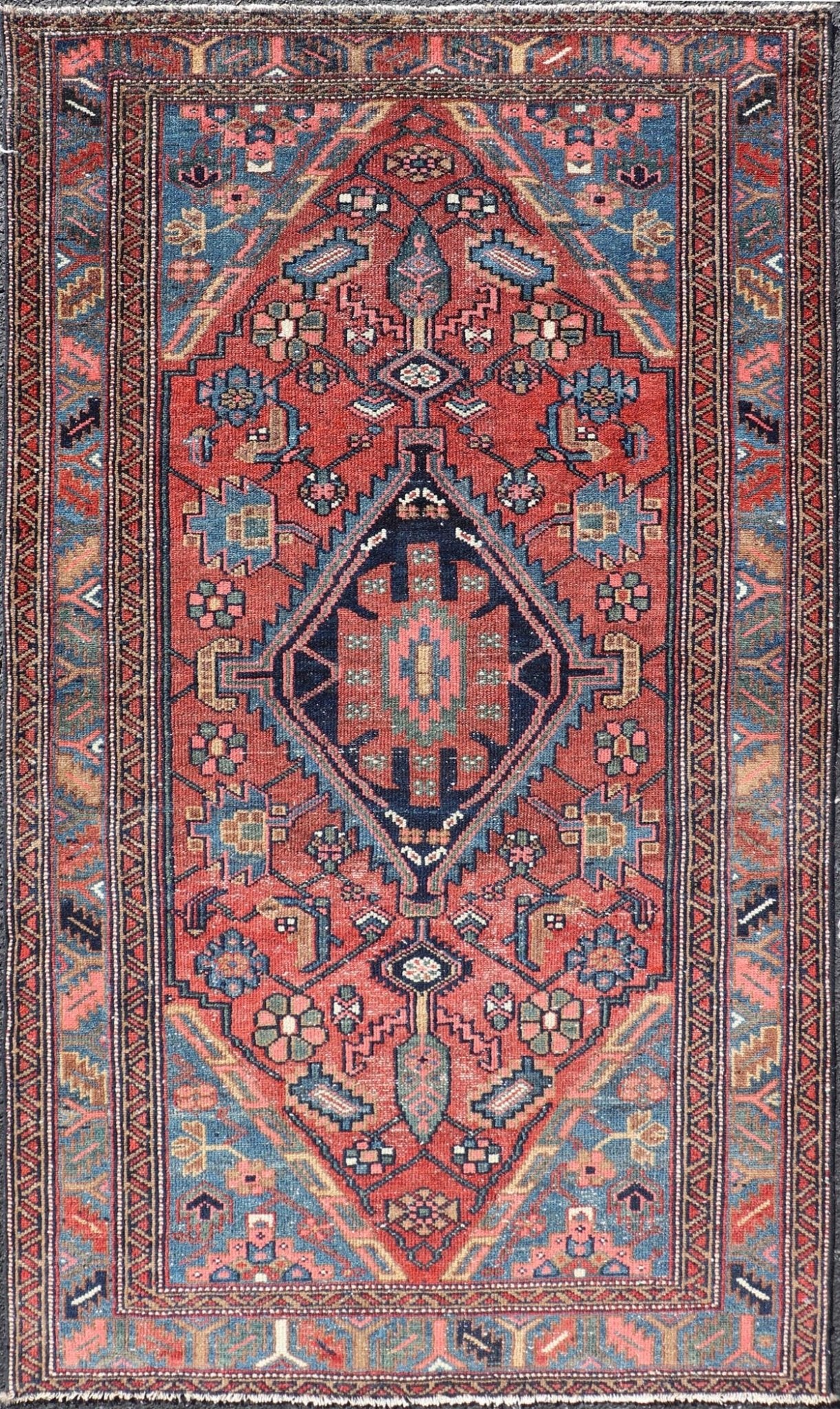 Antique Persian Hamadan rug in rich colors with geometric design, Keivan Woven Arts / rug EMB - 9602 - P13506, country of origin / type: Iran / Hamadan, circa 1920. Measures: 3'5 x 6'3 Antique Persian Hamadan Rug with Colorful Geometric Meda... - Keivan Woven ArtsEMB - 9602 - P13506 - 15637Rug