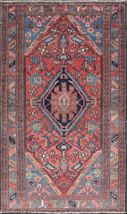 Antique Persian Hamadan rug in rich colors with geometric design, Keivan Woven Arts / rug EMB - 9602 - P13506, country of origin / type: Iran / Hamadan, circa 1920. Measures: 3'5 x 6'3 Antique Persian Hamadan Rug with Colorful Geometric Meda... - Keivan Woven ArtsEMB - 9602 - P13506 - 15637Rug