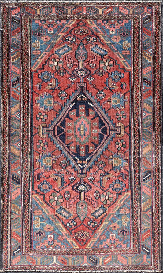 Antique Persian Hamadan rug in rich colors with geometric design, Keivan Woven Arts / rug EMB - 9602 - P13506, country of origin / type: Iran / Hamadan, circa 1920. Measures: 3'5 x 6'3 Antique Persian Hamadan Rug with Colorful Geometric Meda... - Keivan Woven ArtsEMB - 9602 - P13506 - 15637Rug