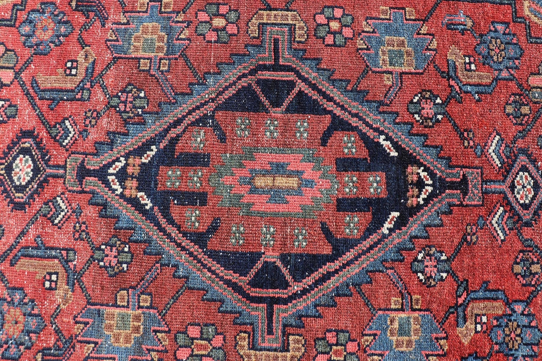 Antique Persian Hamadan rug in rich colors with geometric design, Keivan Woven Arts / rug EMB - 9602 - P13506, country of origin / type: Iran / Hamadan, circa 1920. Measures: 3'5 x 6'3 Antique Persian Hamadan Rug with Colorful Geometric Meda... - Keivan Woven ArtsEMB - 9602 - P13506 - 15637Rug