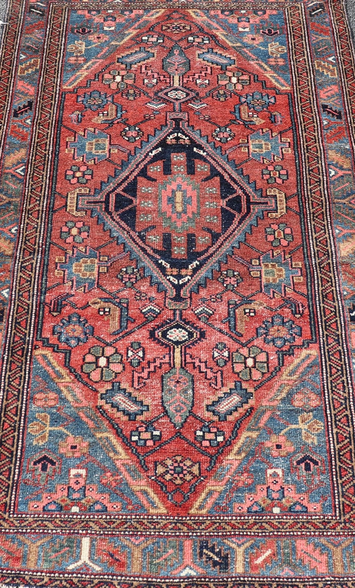 Antique Persian Hamadan rug in rich colors with geometric design, Keivan Woven Arts / rug EMB - 9602 - P13506, country of origin / type: Iran / Hamadan, circa 1920. Measures: 3'5 x 6'3 Antique Persian Hamadan Rug with Colorful Geometric Meda... - Keivan Woven ArtsEMB - 9602 - P13506 - 15637Rug