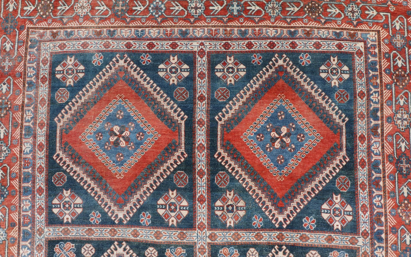 Antique Persian Shiraz Multi Medallions Rug With Geometric Design. Antique Persian Shiraz Rug with Geometric Design, Keivan Woven Arts; rug EMB - 9604 - P13873, country of origin / type: Iran / Tabriz, circa 1910. Measures: 7'2 x 10'3. Th... - Keivan Woven ArtsEMB - 9604 - P13873 - 15643Rug