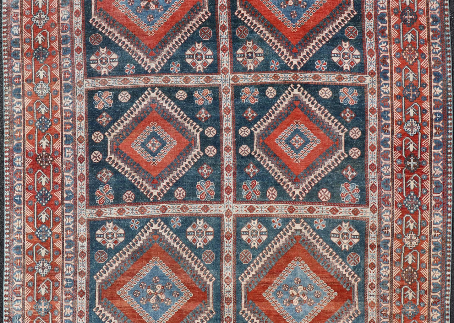 Antique Persian Shiraz Multi Medallions Rug With Geometric Design. Antique Persian Shiraz Rug with Geometric Design, Keivan Woven Arts; rug EMB - 9604 - P13873, country of origin / type: Iran / Tabriz, circa 1910. Measures: 7'2 x 10'3. Th... - Keivan Woven ArtsEMB - 9604 - P13873 - 15643Rug