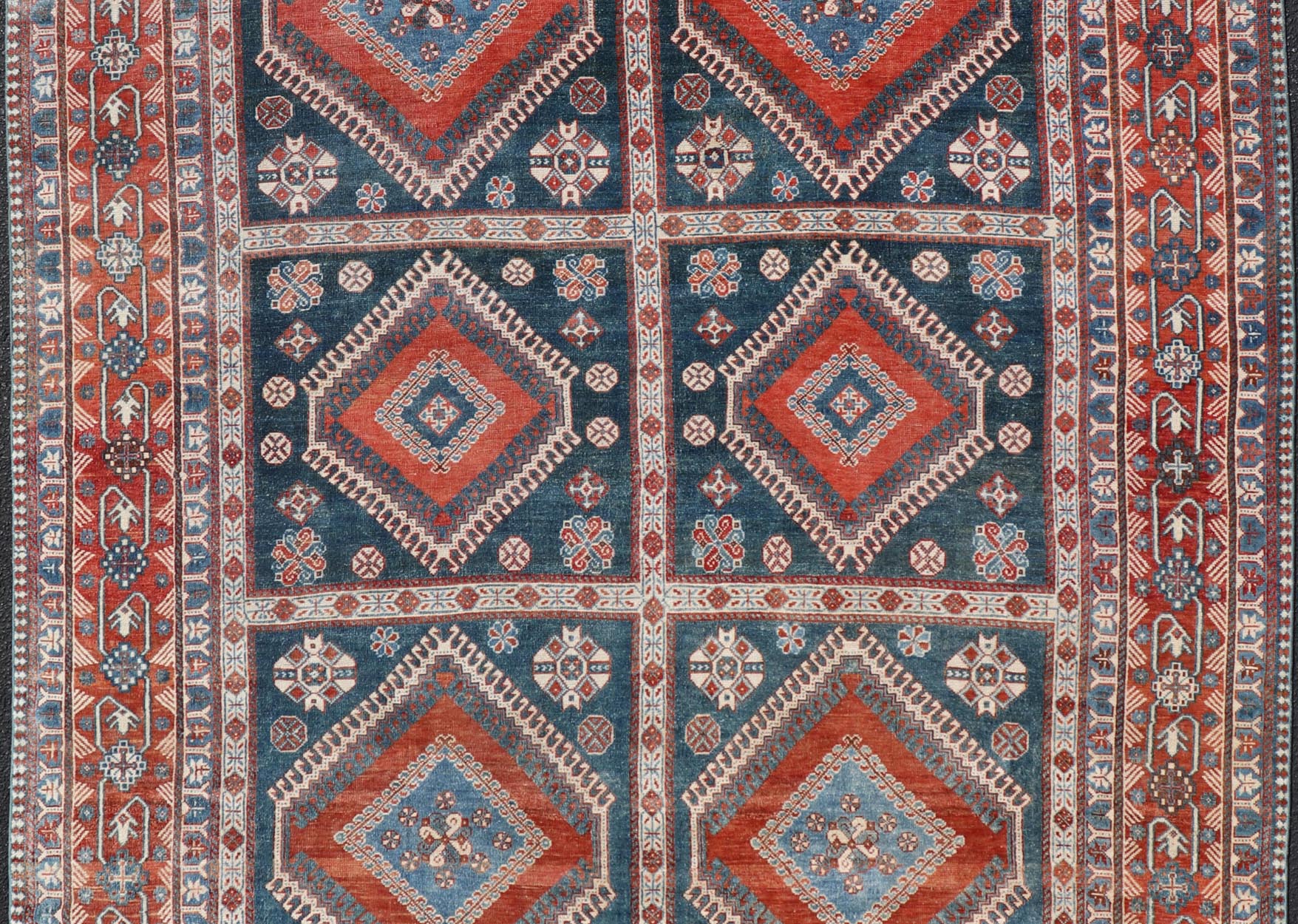 Antique Persian Shiraz Multi Medallions Rug With Geometric Design. Antique Persian Shiraz Rug with Geometric Design, Keivan Woven Arts; rug EMB - 9604 - P13873, country of origin / type: Iran / Tabriz, circa 1910. Measures: 7'2 x 10'3. Th... - Keivan Woven ArtsEMB - 9604 - P13873 - 15643Rug