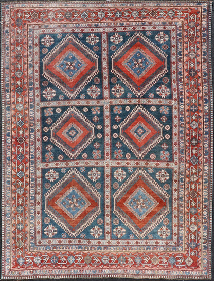 Antique Persian Shiraz Multi Medallions Rug With Geometric Design. Antique Persian Shiraz Rug with Geometric Design, Keivan Woven Arts; rug EMB - 9604 - P13873, country of origin / type: Iran / Tabriz, circa 1910. Measures: 7'2 x 10'3. Th... - Keivan Woven ArtsEMB - 9604 - P13873 - 15643Rug