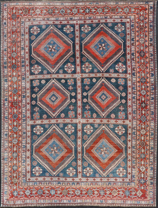 Antique Persian Shiraz Multi Medallions Rug With Geometric Design. Antique Persian Shiraz Rug with Geometric Design, Keivan Woven Arts; rug EMB - 9604 - P13873, country of origin / type: Iran / Tabriz, circa 1910. Measures: 7'2 x 10'3. Th... - Keivan Woven ArtsEMB - 9604 - P13873 - 15643Rug
