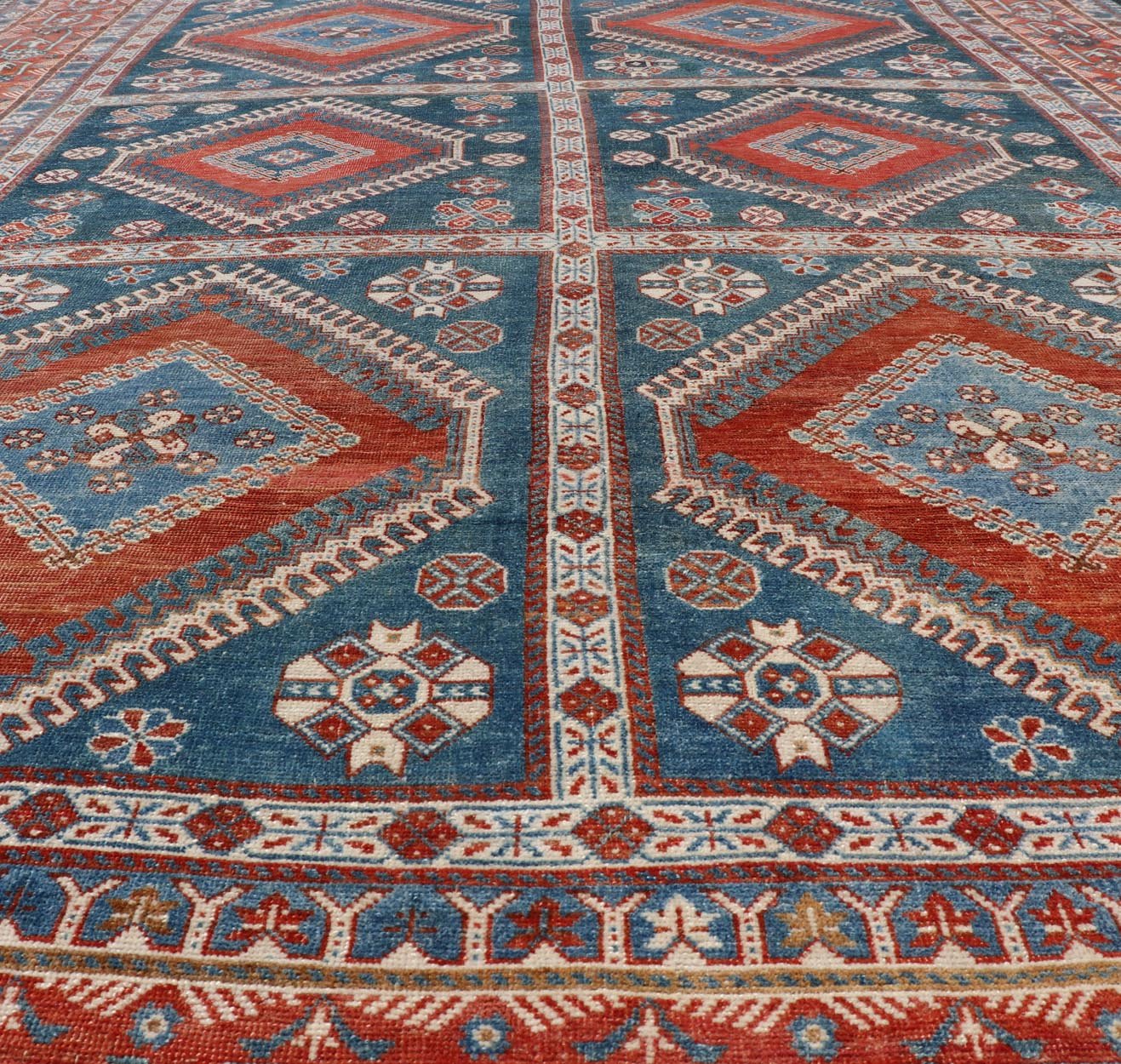 Antique Persian Shiraz Multi Medallions Rug With Geometric Design. Antique Persian Shiraz Rug with Geometric Design, Keivan Woven Arts; rug EMB - 9604 - P13873, country of origin / type: Iran / Tabriz, circa 1910. Measures: 7'2 x 10'3. Th... - Keivan Woven ArtsEMB - 9604 - P13873 - 15643Rug