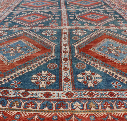 Antique Persian Shiraz Multi Medallions Rug With Geometric Design. Antique Persian Shiraz Rug with Geometric Design, Keivan Woven Arts; rug EMB - 9604 - P13873, country of origin / type: Iran / Tabriz, circa 1910. Measures: 7'2 x 10'3. Th... - Keivan Woven ArtsEMB - 9604 - P13873 - 15643Rug