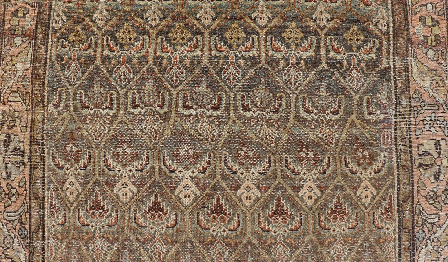Kurdish Antique Gallery Runner with All - Over Tribal Design in Brown's and Pink. Keivan Woven Arts / rug EMB - 9609 - P13863, country of origin / type: Iran / Kurdish, circa 1920. This Kurdish antique gallery runner has held timeless charm with a double - ... - Keivan Woven ArtsEMB - 9609 - P13863 - 15923Rug